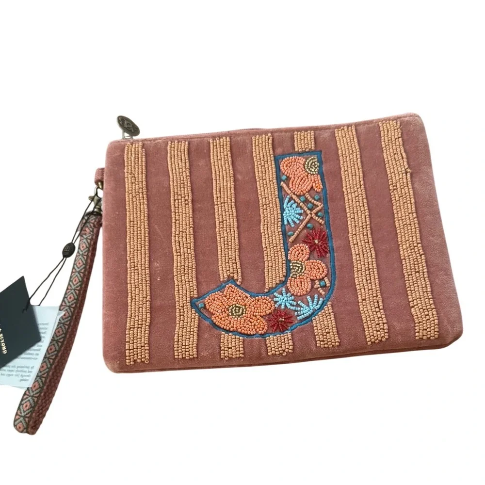 America & Beyond  Mauve Velvet Beaded Initial J Floral Wristlet Clutch NWT 8x10